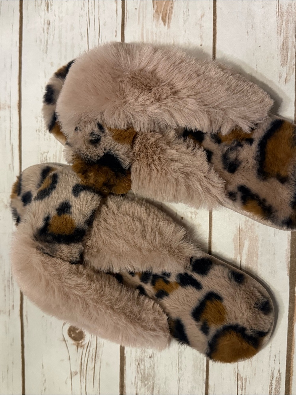 LOFT Faux Fur Leopard Slide Slippers in Pink Taupe & Brown